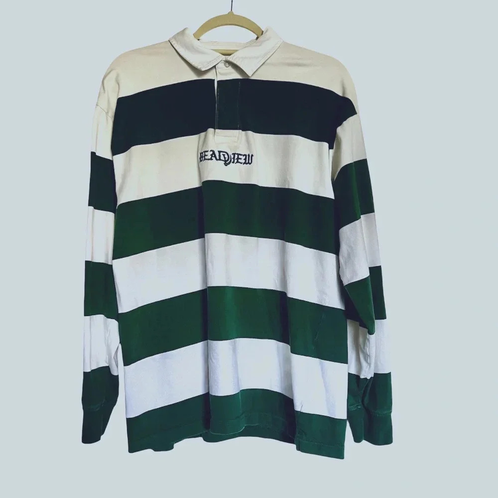 Green White Stripes Long Sleeve‎ Rugby Shirt Size Large Blokecore